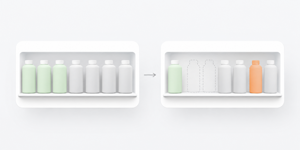 A shelf matching its planogram, and the same shelf later with missing facings and a foreign product in their place
