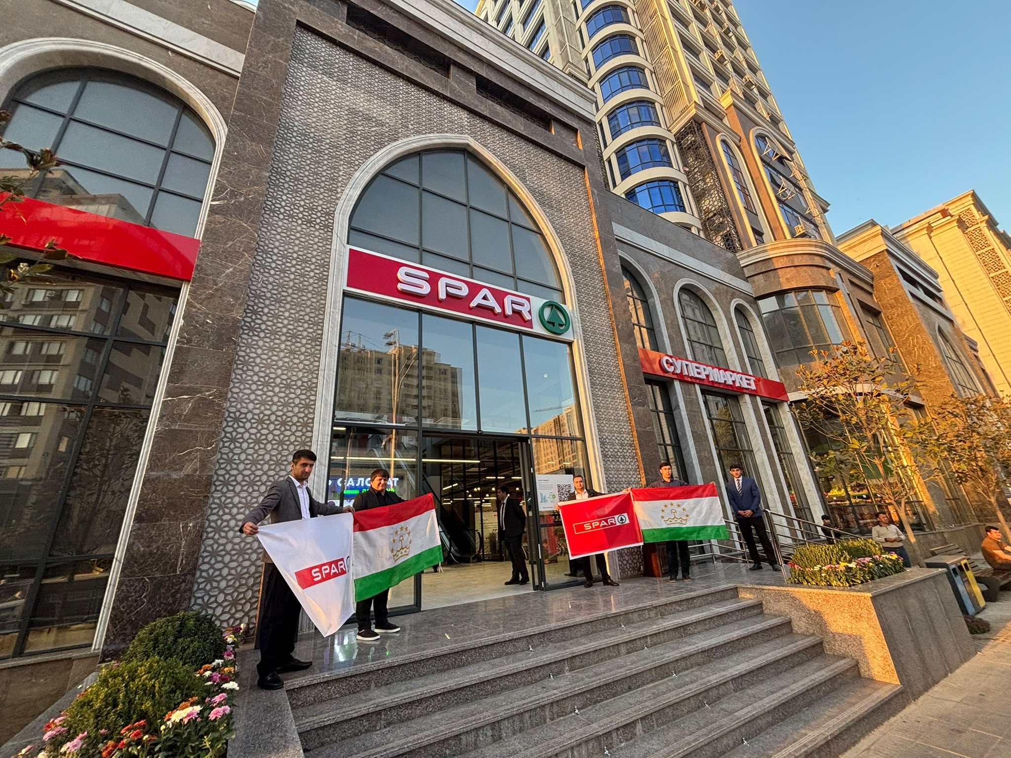 Facade of the first SPAR supermarket in Tajikistan at 22 Bukhoro Street, Dushanbe, on opening day