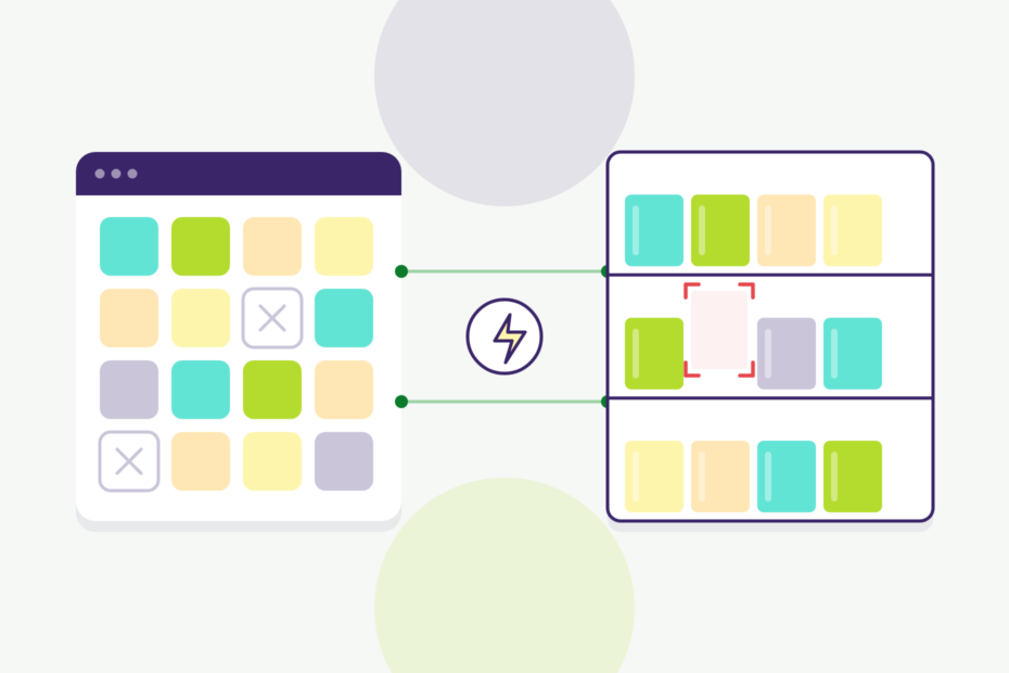 Illustration: an assortment matrix linked to a store shelf by automatic triggers, with a delisted item leaving a gap on the shelf