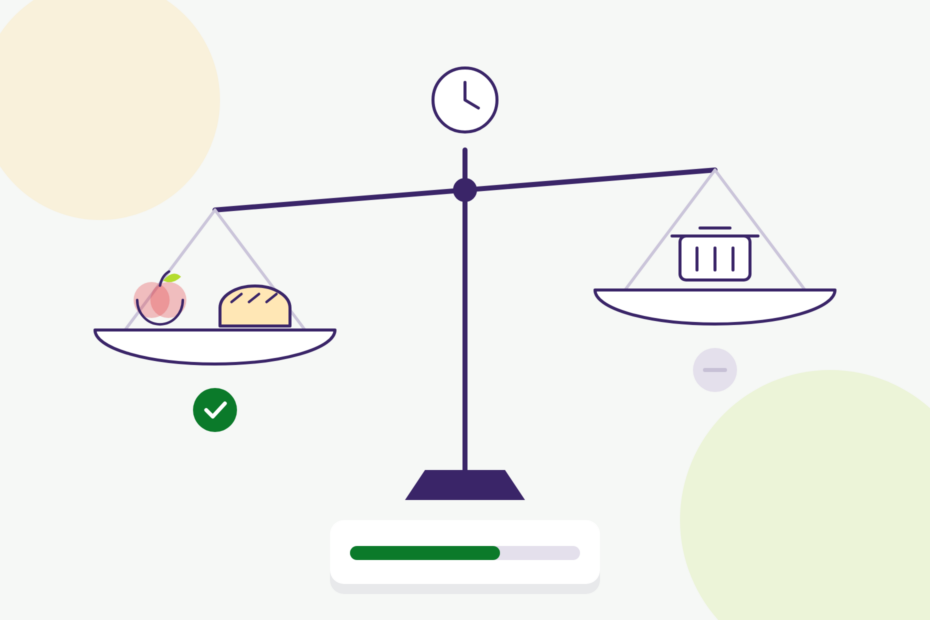 Ilustração: uma balança entre os produtos frescos na prateleira e o desperdício, com um relógio para o prazo de validade restante